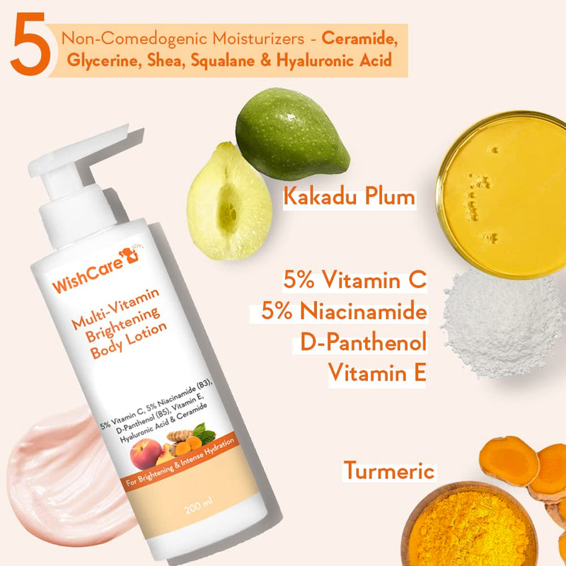 WishCare Multi-Vitamin Brightening Body Lotion for Men & Women, 200ml | 5% Vit C, Niacinamide, Panthenol & Vit E; Turmeric & Kakadu Plum; 5 non-comedogenic moisturizers; fragrance-free & vegan