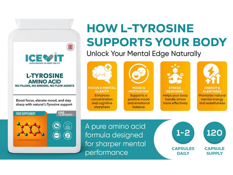 L-Tyrosine 500mg – 120 Capsules | Pure Amino Acid | No Fillers or Binders | Non-GMO | UK Made in GMP Facility | Food Supplement for Focus & Brain Support
