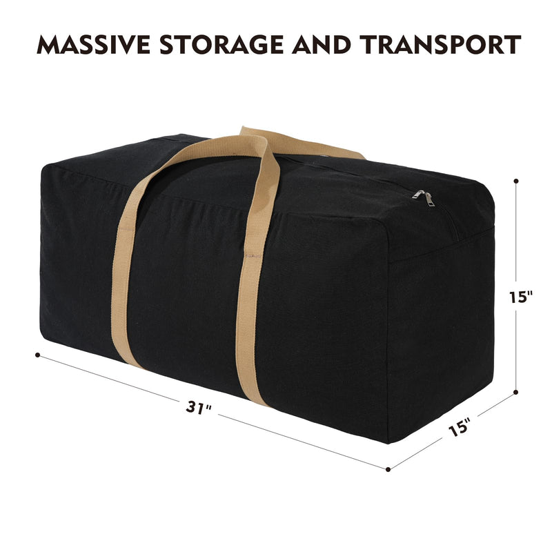 Canvas Storage Duffle Bag, Black, 31''x15''x15'', 1 Count | Large Capacity, Moving Bag,Comforter Organizer, Tan Handles, Washable, Reusable, for Sheets Blankets Bedding Pillows,Clothes 31''x15''x15''