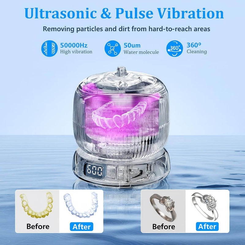 [Australia] - 50kHz Ultrasonic Retainer Cleaner Machine for Travel & Home, Portable Denture Cleaner with Removable Base, 4 Modes Timer, Dental Cleaning Pod for Aligners, Braces, Mouth Guard, Jewelry, Toothbrush Black 