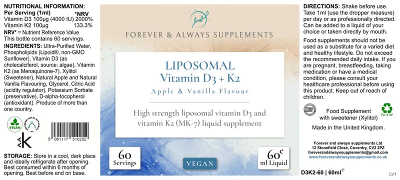 Liposomal Vitamin D3 + K2 MK-7, 4000IU, High Strength 100μg Vegan Liquid Drops, 60ml, Apple Vanilla Flavour, Bone and Immune Support, Forever & Always Supplements