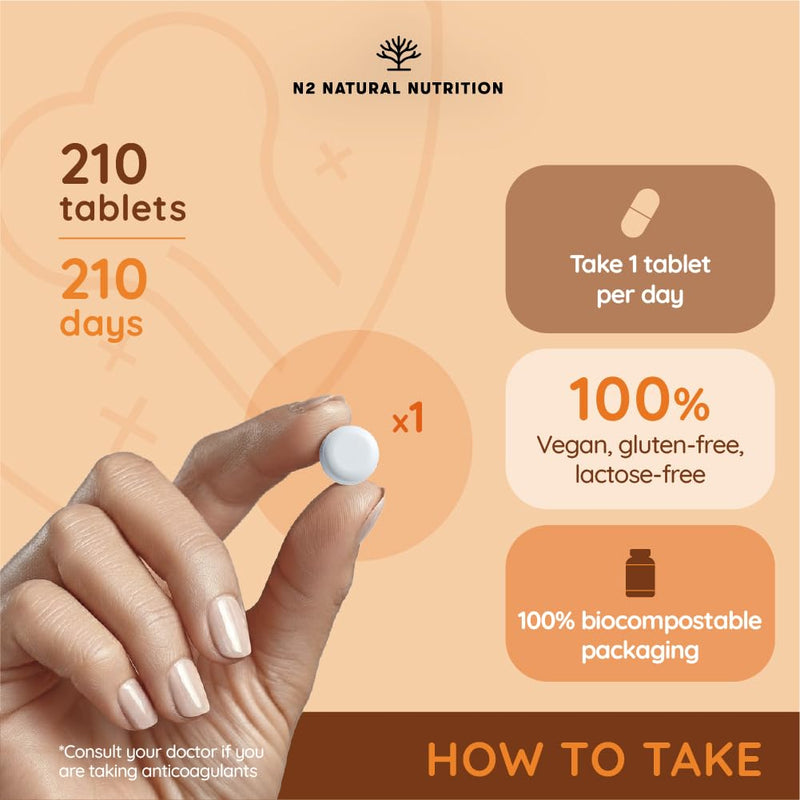 Natural Vitamin K2 Mk7 Capsules, High Concentration 200µg. for Hear, Brain and Bones. 120 Vegetable Capsules. UK Vegan Certified. N2 Natural Nutrition