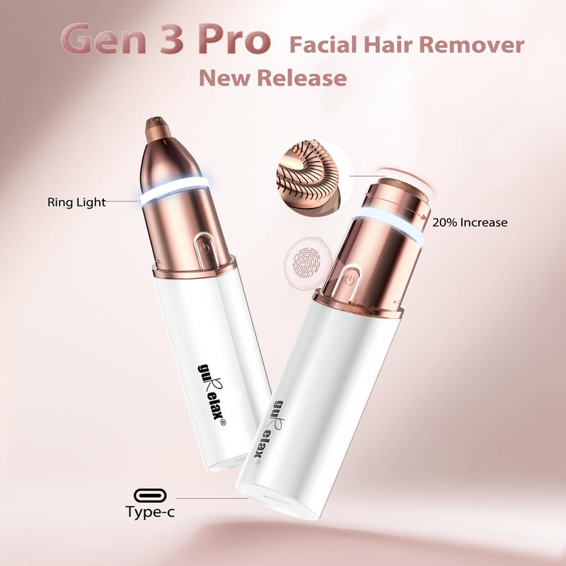[Australia] - Facial Hair Remover for Women (Gen 3 Pro), 2024 Luxury Women's Beard Remover with Smartlight, guRelax Face Mini Hair Remover, for Face, Eyebrows, Fuzz, with 2 Flawless Replacement Heads Deluxe 2-in-1 White (2x Replacement Heads Included) 