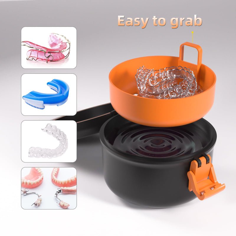 ARGOMAX Leak Proof Retainer Cleaner Case, Denture Cups for Soaking Dentures, Denture Travel Case (Black + Orange). Black+orange