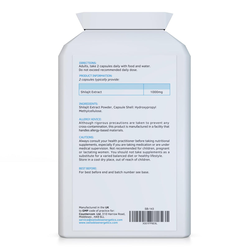 Shilajit 1000mg – containing Natural Fulvic Acid - 100% Pure Extract; No fillers, No Binders, No Flow Agents – Manufactured and Tested in the UK - Suitable for Vegetarians and Vegans