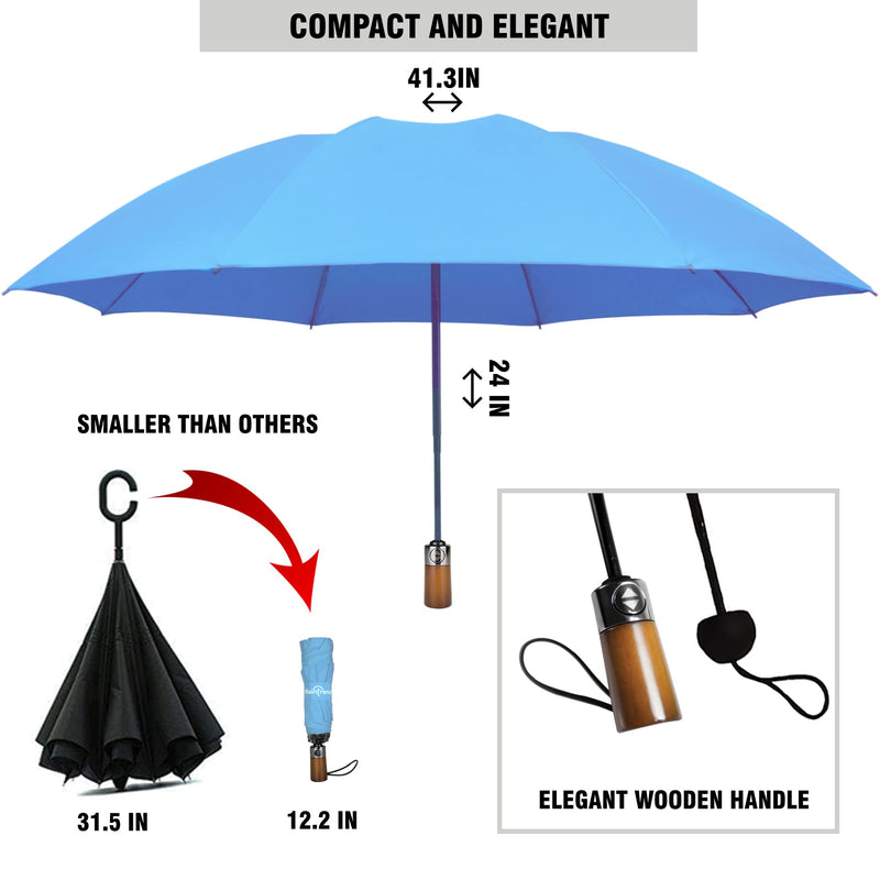 NEW 2 PCS Umbrellas for Rain Black and Light Blue Auto Open and Close Folding Umbrella Windproof Sturdy Unbreakable Umbrellas with Wooden Handle for Women Men - Bundle