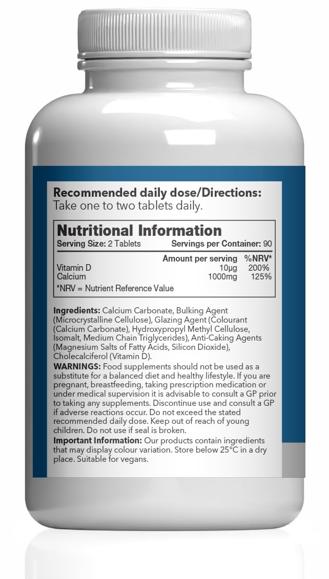 Calcium 1000mg & Vitamin D3 400iu | Supports Bone & Teeth Health | Contributes to Normal Muscle Function | Vegan & Vegetarian Friendly | 180 Tablets = 3 Months’ Supply | GMP-Certified & UK-Made Unflavoured 1 count (Pack of 180)