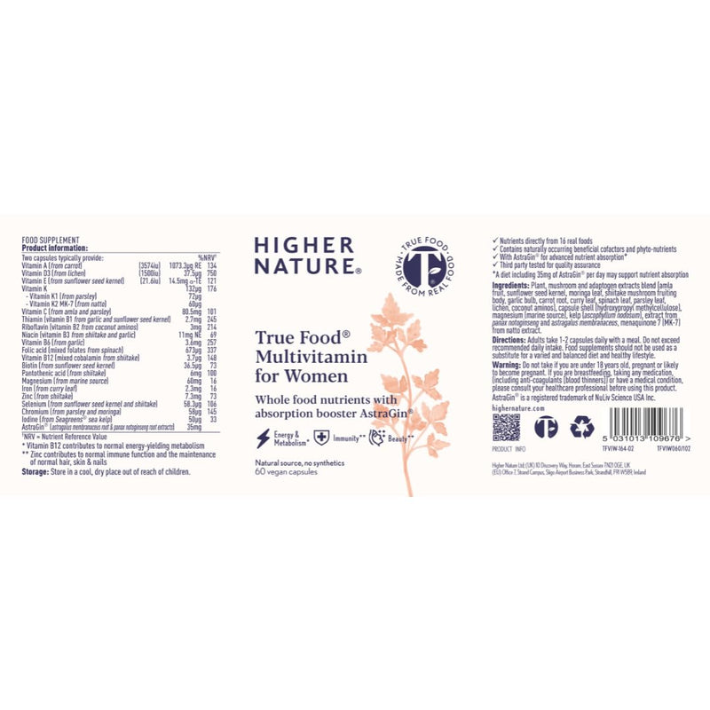 Higher Nature Multivitamin for Women | Whole Food Multivitamin | 20 Essential Vitamins & Minerals | Vitamin C, D, K, B12, Iron, Zinc | True Food® Formula | UK Female Multivitamin | 60 Capsules