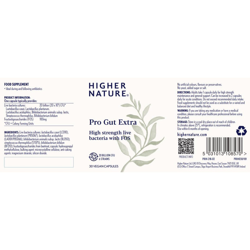 Higher Nature - Pro Gut Extra - High Strength Probiotic With Prebiotic - Multi-Strain Probiotic For Digestive System - Live Bacteria With FOS - 20 Billion CFUs - 6 Proven Strains - Vegan - 30 Capsules