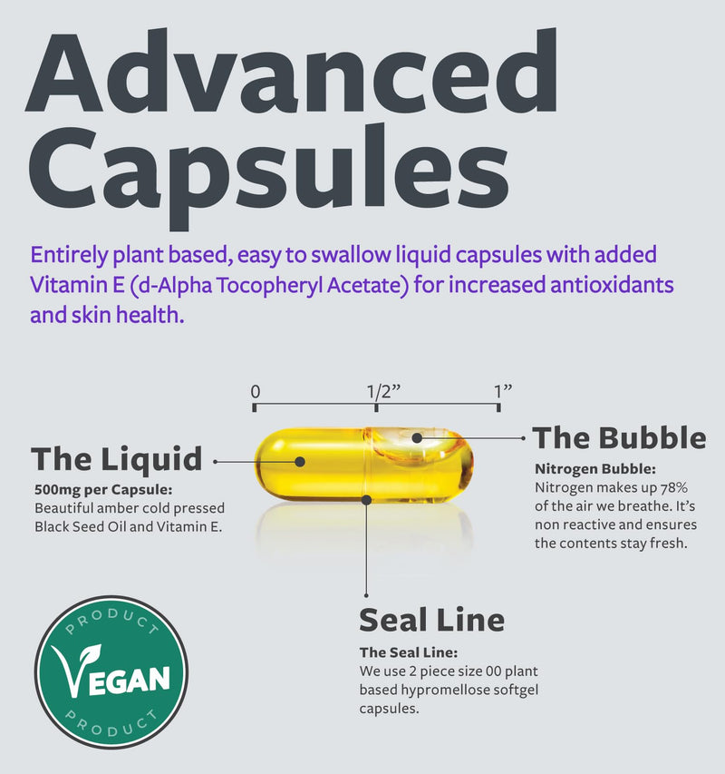 Black Seed Oil - 120 Softgel Capsules Skin Health (Non-GMO & Vegan) Cold-Pressed Nigella Sativa Producing Pure Black Cumin Seed Oil with Vitamin E - 500mg Each, 1000mg Per 2 Capsule Serving 120 Count (Pack of 1)