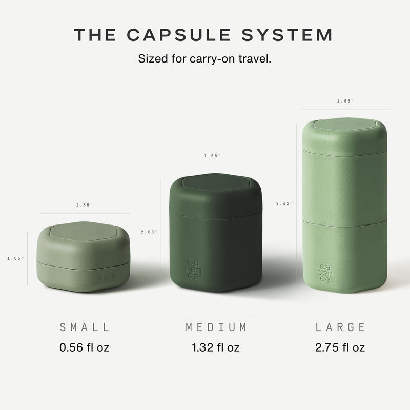 Cadence Travel Containers - 2pk (1 Small, 0.56oz + 1 Medium, 1.32oz), Evergreen - TSA Approved, Leak Proof, Magnetic Basic Body Care Capsules - Carry On Travel Essentials - Body Wash & Lotion Labels Bodycare (Set of 2)