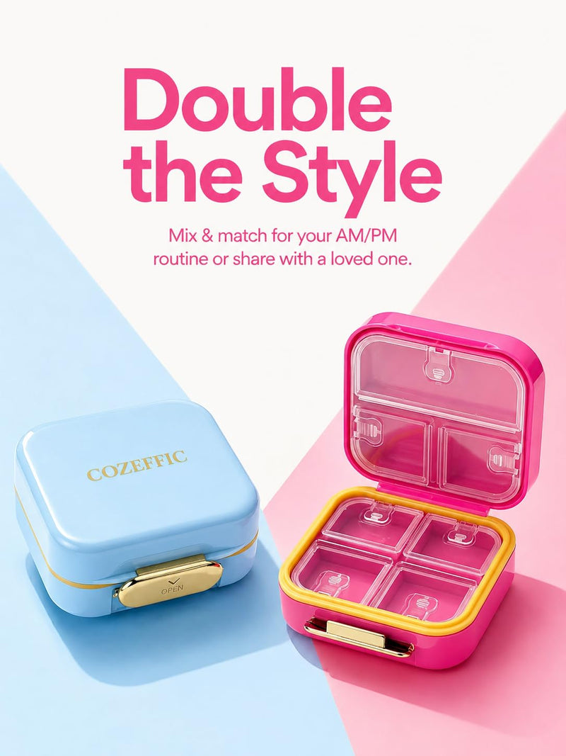 Pill Organizer 2 Times a Day AM PM, 2 Pack 7 Day Travel Pill Case for Purse, Moisture Proof BPA-Free Medicine Box for Vitamins, Fish Oil & Supplements, Hot Pink & Sky Blue