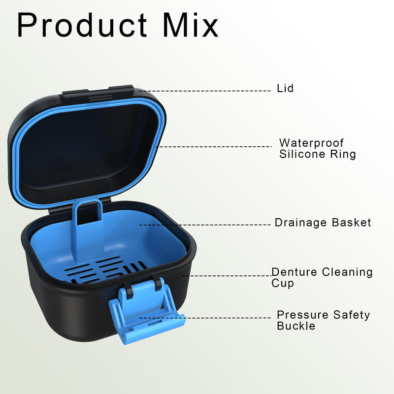 BVN Leak-proof Denture Case, Denture Cup for Soaking Dentures, Retainer Cleaning Case Black and Bule Dent Black Case and Bule