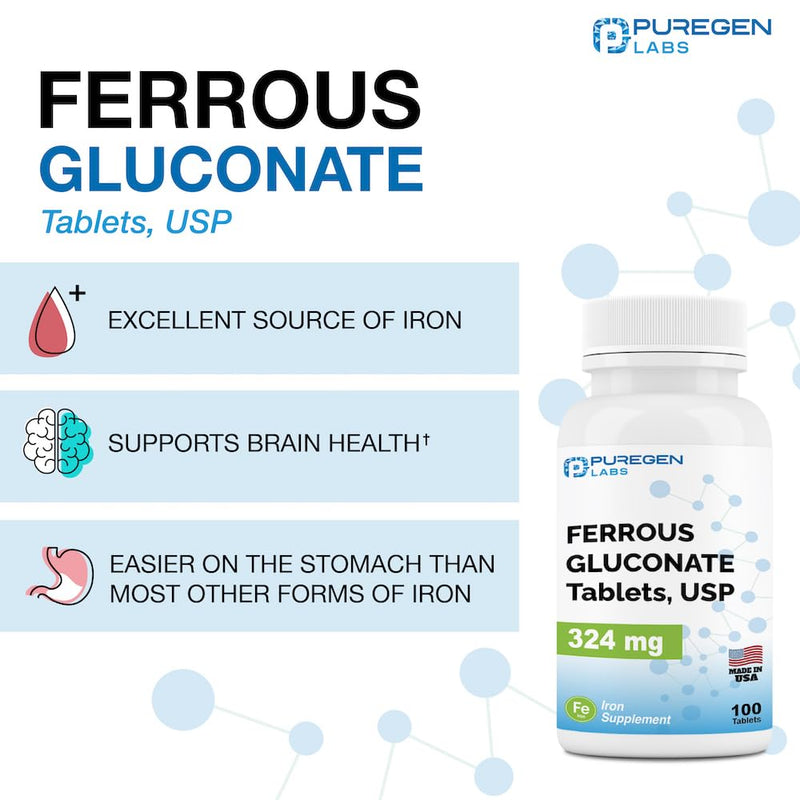 [Australia] - Puregen Labs Ferrous Gluconate 324 mg [High Potency] Iron Supplement, Gentle on Stomach - 100 Tablets 1 