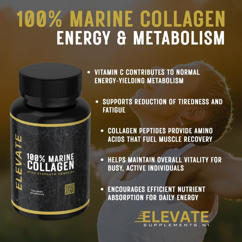 Elevate Supplements 100% Marine Collagen (Type 1), 60 Capsules | Added Hyaluronic Acid, Vitamin C & Biotin for Skin, Hair, Nail, Joint & Nervous System Support | Multi-Benefit Beauty Supplement
