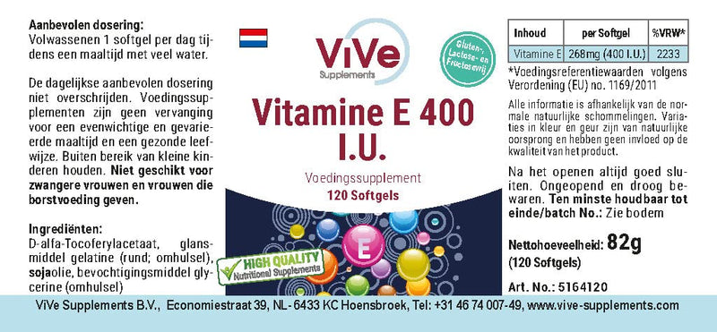 [Australia] - Vitamin E 400 IU - 120 softgels for 120 days - antioxidant cell protection | Quality from Germany from ViVe Supplements 