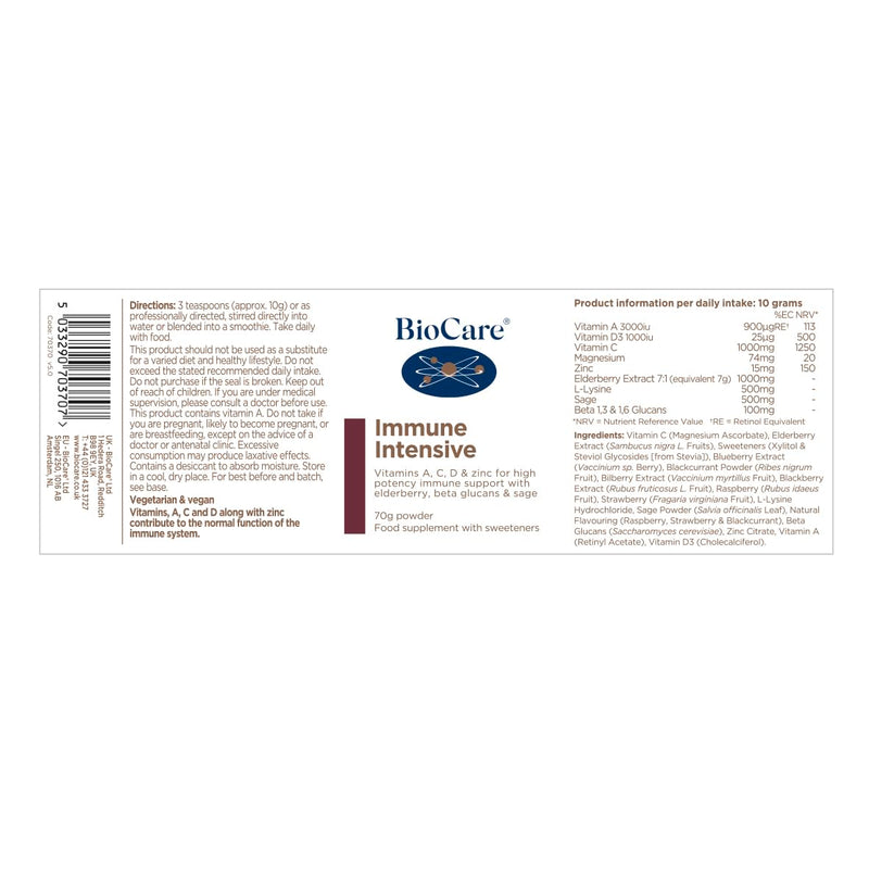 BioCare Immune Intensive - High Strength Powder with Vitamins A, C, D, Zinc & Magnesium - for Energy & Immune Support - 70g