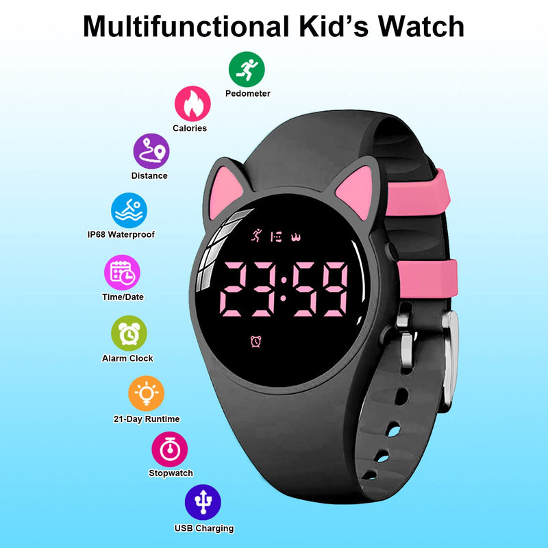 [Australia] - Kids Fitness Tracker Pedometer Watch No App/Bluetooth,20-Day Battery Life Rechargeable Watch, IP68 Waterproof Digital Watch for Girls Boys, Fitness Watch with Alarm Clock Step/Distance/Calorie Counter Black+Pink(LED display) 