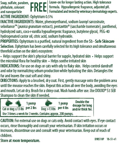 [Australia] - Douxo S3 Seb Mousse, Contains 0.5% Ophytrium, Odor Control & Seboregulating, For Oily to Flaky Skin, Seborrhea, For Dogs and Cats, 5.1 fl. oz. (150mL) 
