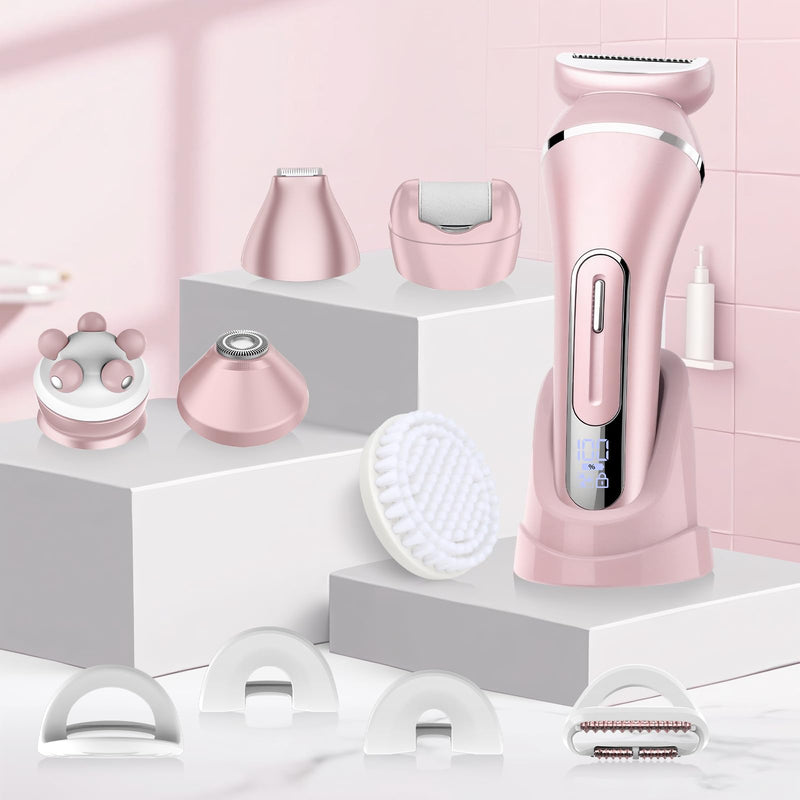 [Australia] - Electric Shavers for Women, 7 in 1 Hair Removal Kit with Epilator Bikini Trimmer Face Razor Body Brush Face Massager Foot Callus Remover, IPX7 Waterproof Lady Razors Set for Legs Armpit Bikini Pubic Pink 