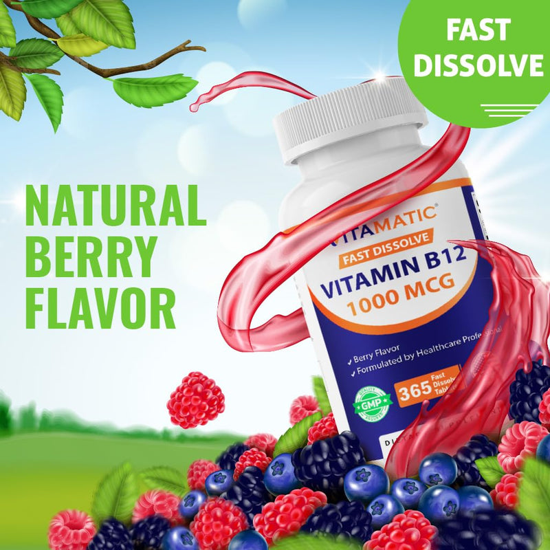 Vitamatic Vitamin B12 1000 mcg Fast Dissolve – 365 Tablets – Natural Berry Flavor – Supports Energy Metabolism & Nervous System Health 1 Bottle