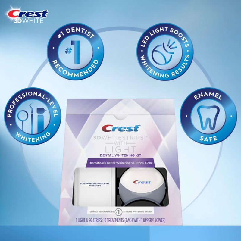 [Australia] - Crest 3D Whitestrips + LED Light – Teeth Whitening Kit, 1 Light + 10 Treatments, Each with 1 Upper/1Lower, 20 Strips – Crest 3DWhite Teeth Whitening Strips 