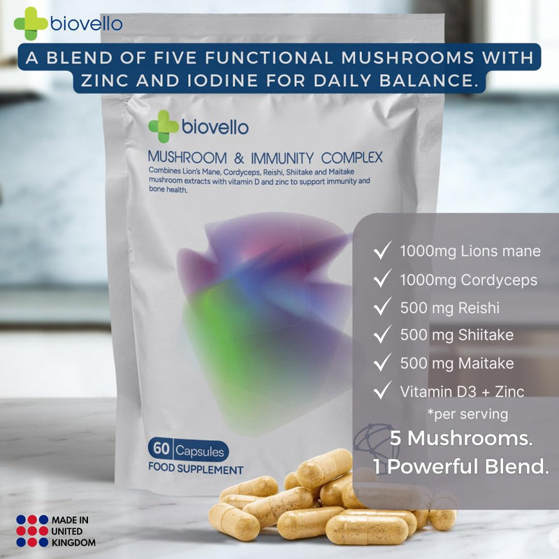 Mushroom & Immunity Complex – 5 Mushroom Blend with Lion’s Mane, Reishi, Shiitake, Maitake & Cordyceps – With Vitamin D3 & Zinc – Immune & Daily Wellness Support – 60 Vegan Capsules – UK Made