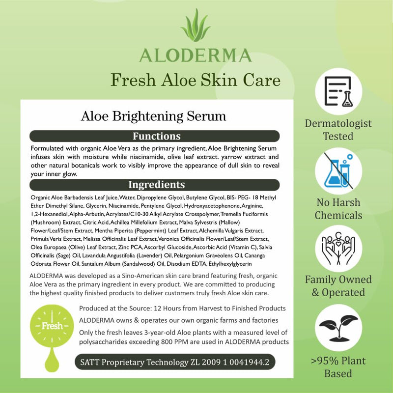 Aloderma Aloe Brightening Serum for Face, Vitamin C & Niacinamide 1.7 oz | Made with 65% Organic Aloe Vera. Cruelty-free daily face serum targets dullness on sensitive, oily or dry skin complexions