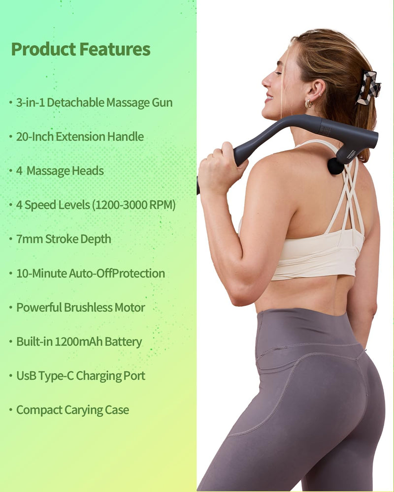 [Australia] - 3 Style Back Massage Gun with Extended Handle for Hard-to-Reach Areas, Convertible Massager Pain Relief Deep Tissue Percussion Muscle Massager Shoulder, and Legs for Men and Women 