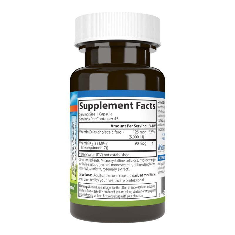 Carlson - Super D3 + K2, 125 mcg (5000 IU) Vitamin D3, 90 mcg Vitamin K2 as MK-7, Bone Support, Calcium Absorption, 45 Vegetarian Capsules (Pack of 2) 45 Count (Pack of 2)