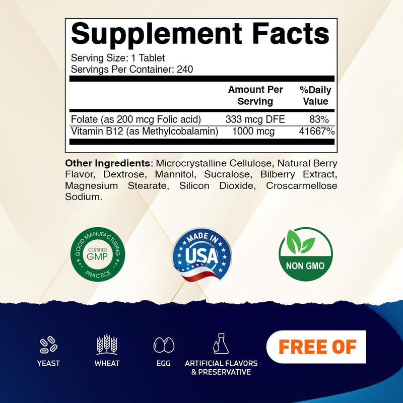 Vitamatic Methyl B12 1000 mcg with Folic Acid – Natural Berry Flavor – 240 Fast Dissolve Tablets – Methylcobalamin Vitamin B12 for Energy & Nervous System Support – Vegan & Non-GMO Supplement