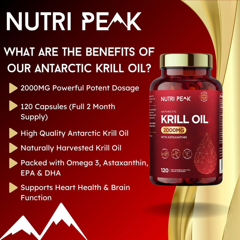 Max Strength Antarctic Krill Oil Softgels | 2000MG | 120 Capsules | Premium Blend Omega 3 Fatty Acids | EPA & DHA | Astaxanthin | Naturally Harvested | Heart Health & Brain Function 1 count (Pack of 1)