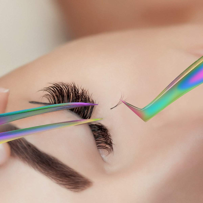 Eyelash Extension Tweezers Set, Fangze 7 Pcs Lash Kit Rainbow Stainless Steel Straight and Curved Tweezer for Nail Art Ingrown Hair Craft Eyelash Extension Tweezers