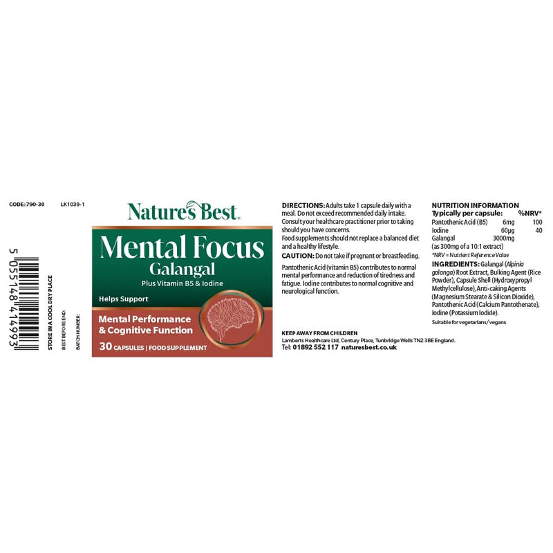 Nature’s Best Mental Focus Supplement - Fast-Acting Caffeine-Free Clarity with Galangal, Pantothenic Acid & Iodine - Energy, Mental Performance & Cognitive Support - 30 Capsules (1 Month Supply)