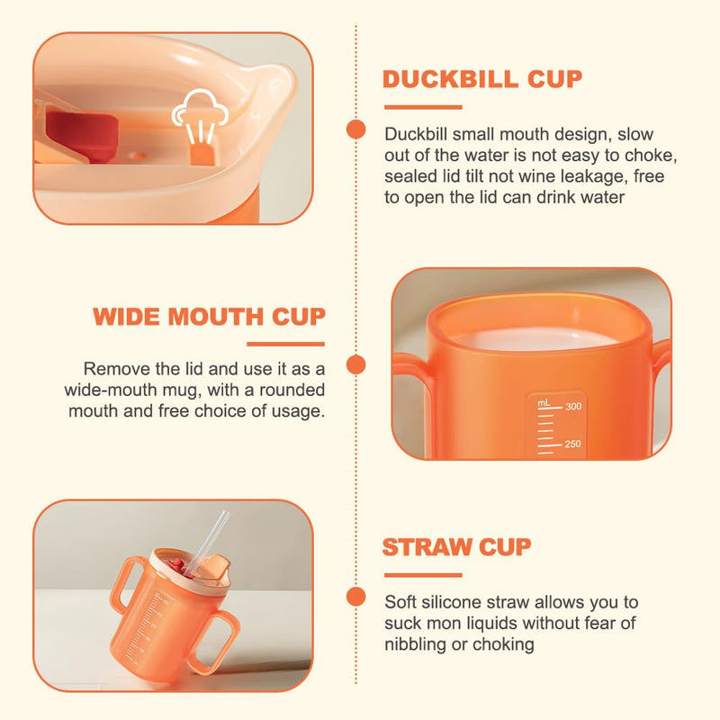 2 Pcs Elderly Spill Proof Cups, 300ml Sippy Cup for Adults, Beakers for Elderly with 2 Handles, Adult Feeding Cup Drinking Cup with Lid and Straw, Adult Sippy Cups for The Elderly Non Spill Orange