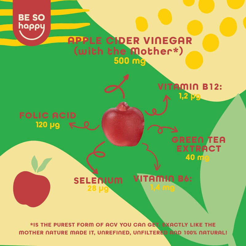 Sweet Sugar Free Apple Cider Vinegar Gummies with the Mother, Complex Ehanced with Greentea, Folic Acid, B12, B6, Selenium. High Dosage 100% Natural ACV Gummies BE SO HAPPY Mighty Metabolism