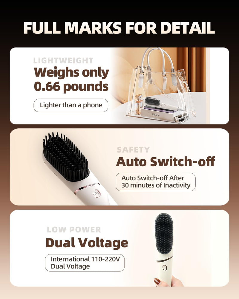 Hair Straightener Brush, Portable Ionic Hair Straighteners for Women 20s Fast Heated Negative, Dense Teeth Straightening Comb with 3 Temp Modes & 30 min Auto-Off, Dual Voltage