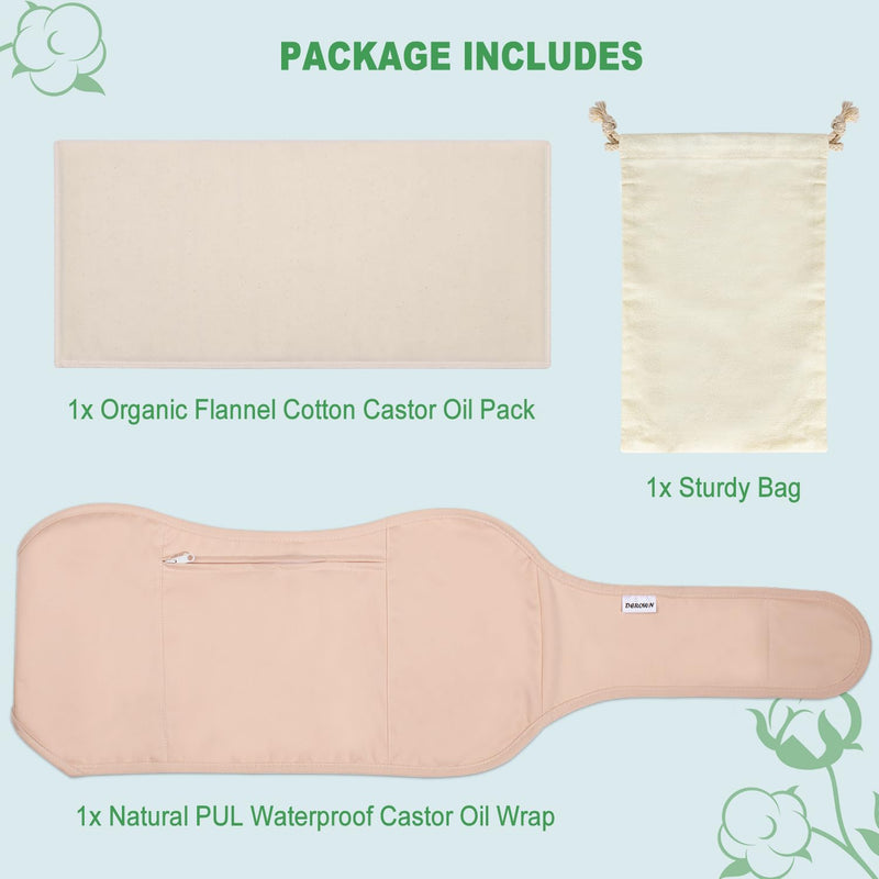 [Australia] - Castor Oil Pack, DEROWN Castor Oil Packs Wrap, Less Mess Made of Organic Cotton Flannel & Waterproof PUL, Reusable Massage Castor Oil Pack Kit with Anti Oil Leak Design (Oil Not Included) 