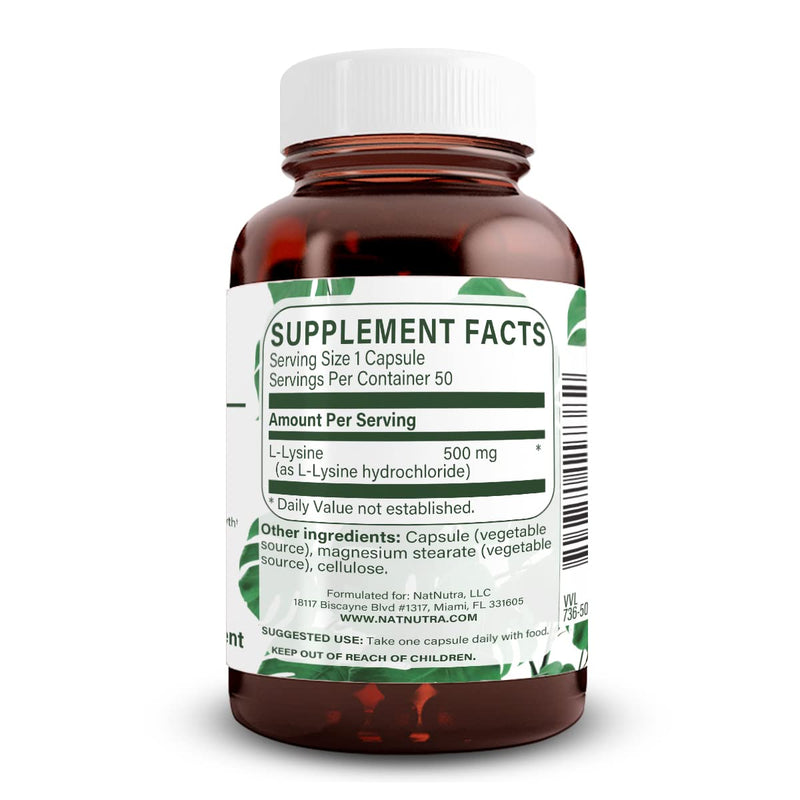 Natural Nutra L Lysine HCl Supplement, Vegan, 500 mg, 50 Capsules | Promotes Bone Health & Growth, Supports Skin Health, Improves Vitamin C Absorption, Improves Calcium Absorption, Non-GMO 50 Count (Pack of 1)