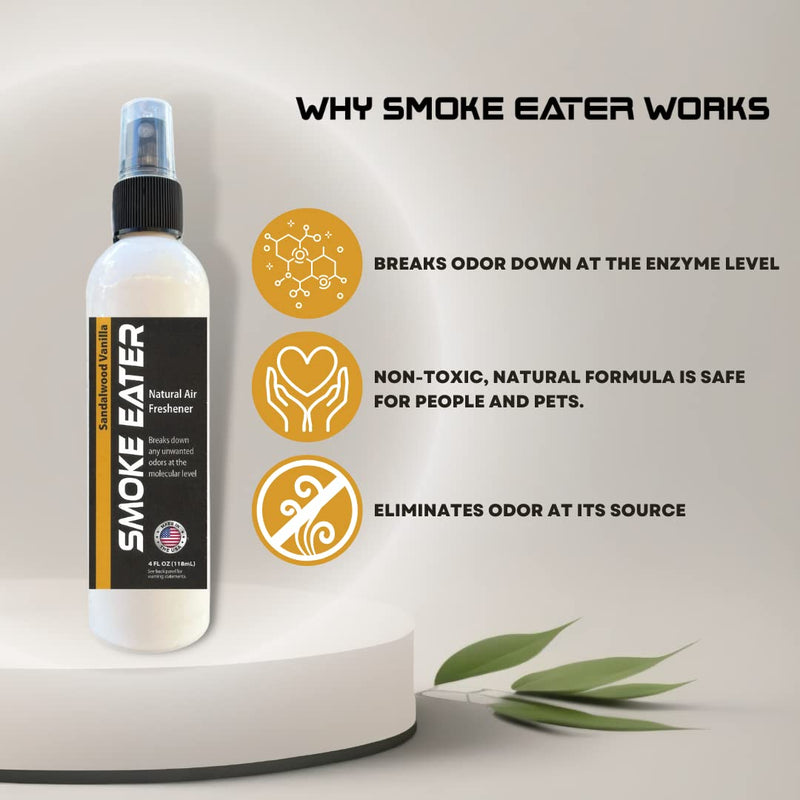 Smoke Eater All Purpose Odor Eliminator - Breaks Down Foul Scents at the Molecular Level - Smoke, Food, Pet and Stale Odor - Ideal For The Home, Apartment Cars, Boats - 4 oz Travel Bottle Sandalwood Vanilla - PawsPlanet Australia