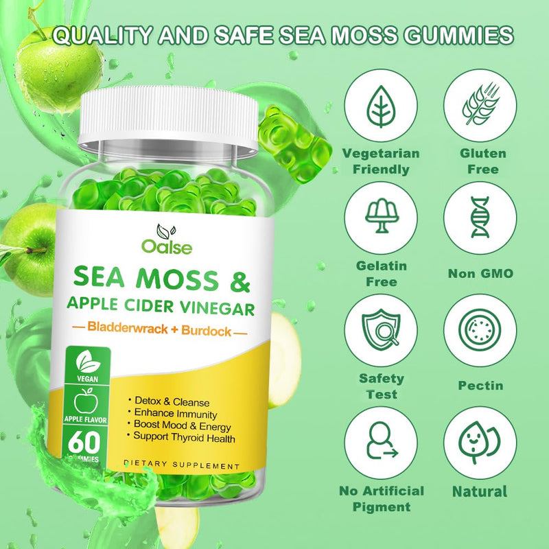 Sea Moss Gummies, Bladderwrack, BurdockRoot for Immune Health | 60Count, Apple Flavor 60 Count (Pack of 1)