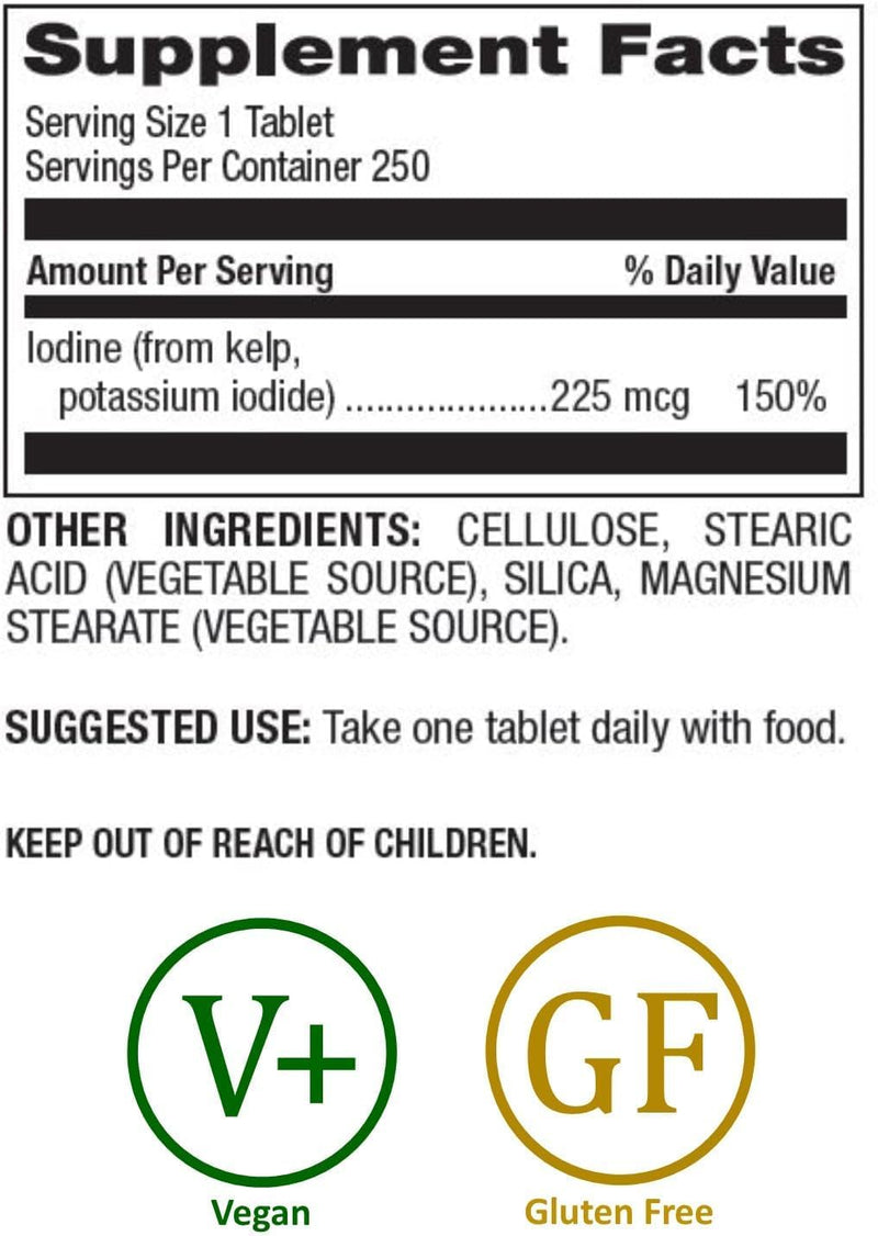 [Australia] - Natural Nutra Kelp Iodine Thyroid Support Supplement, Strengthens Immune System, and Regulates Metabolism, Vegan Sea Kelp, Non GMO, Atlantic Sourced Seaweed Extract, 225 mcg, 250 Tablets 250 Count (Pack of 1) 