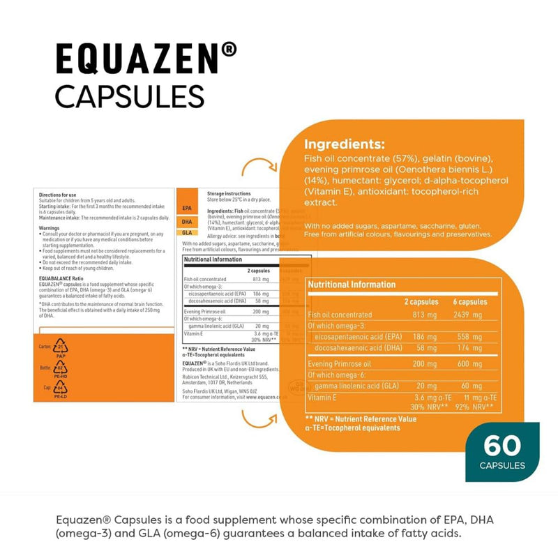 Equazen® Omega 3 & 6 Capsules, Brain & Cognitive Support, DHA, EPA & GLA, Clinically Researched 9:3:1 Formula, Tasteless & Odourless, Halal Certified, Gluten Free, 60 Pack 60 Capsules