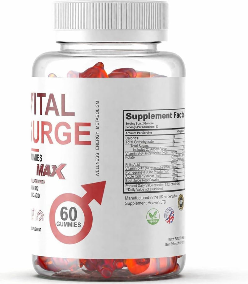 Vital Surge MAX Testo Gummies for Men + Powerful Natural Ingredients - New & Sealed - 60 Gummies/Fitness Hero Supplements