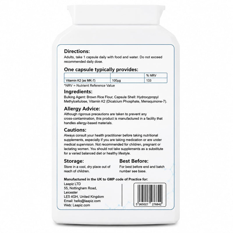 Vitamin K2 MK-7 100µg 120 Vegan Capsules - 4 Months Supply | High Strength Vitamin K2 Supplement | Supports Normal Blood Clotting & Maintenance of Normal Bones | GMP Approved