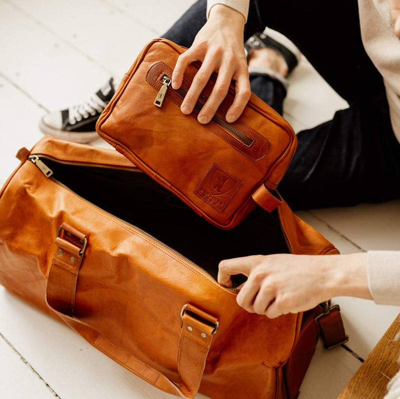 BERLINER BAGS Vintage Genuine Leather Toiletry Bag For Men Paul, Brown | Leather Travel Bag, 1-2 Zippered Compartment, Large Capacity, YKK Metal Zipper, Leather Handle 1 Compartment