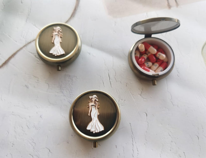 Exquisite Daily Pill Organizer Box - Weekly Vitamin Pill Box Round Metal Pill Box, Small Travel Pill Organizer Box for Purse, Round Compact Travel Medication Case (Beautiful Woman) Beautiful Woman