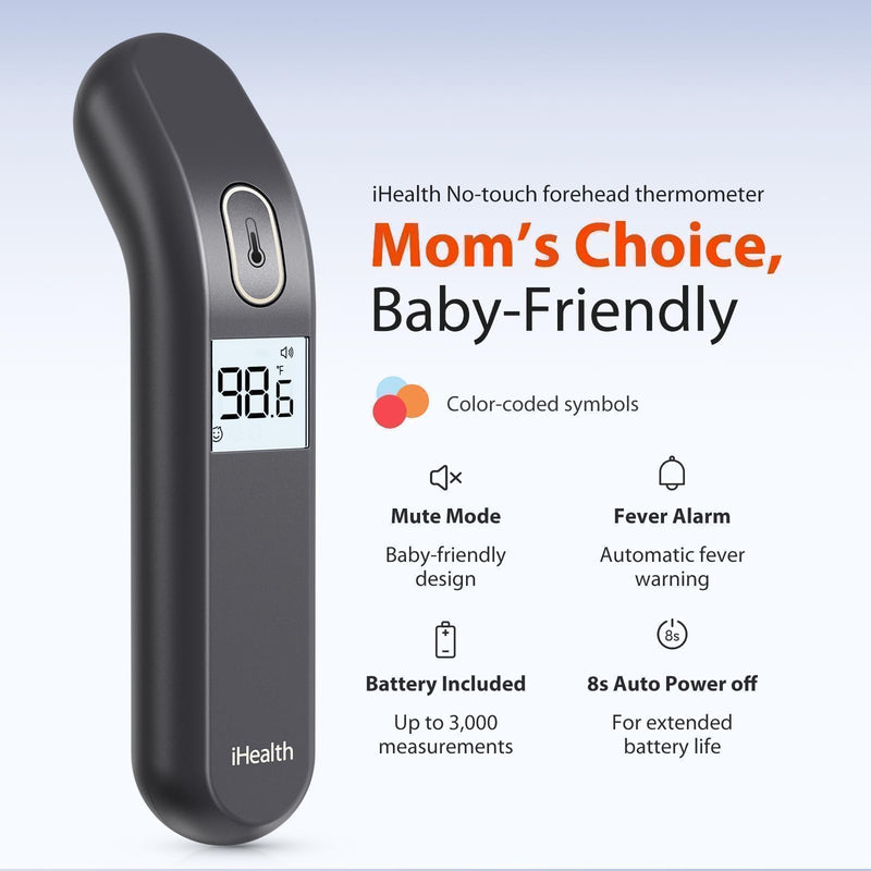 [Australia] - iHealth Touchless Thermometer for Adults and Kids, Color-Coded Alert & Silent Mode, 1-Second Accurate Fever Check, Portable for Home, Travel Use - PT2L Black 