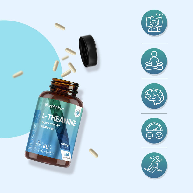 L-Theanine - 401mg - 180 Capsules - 6 Months Supply | with Vitamin B6 & Black Pepper | 1 Capsule per Day | Vegan & Magnesium Stearate-Free - L Theanine Supplement for Men & Women - Made in Europe