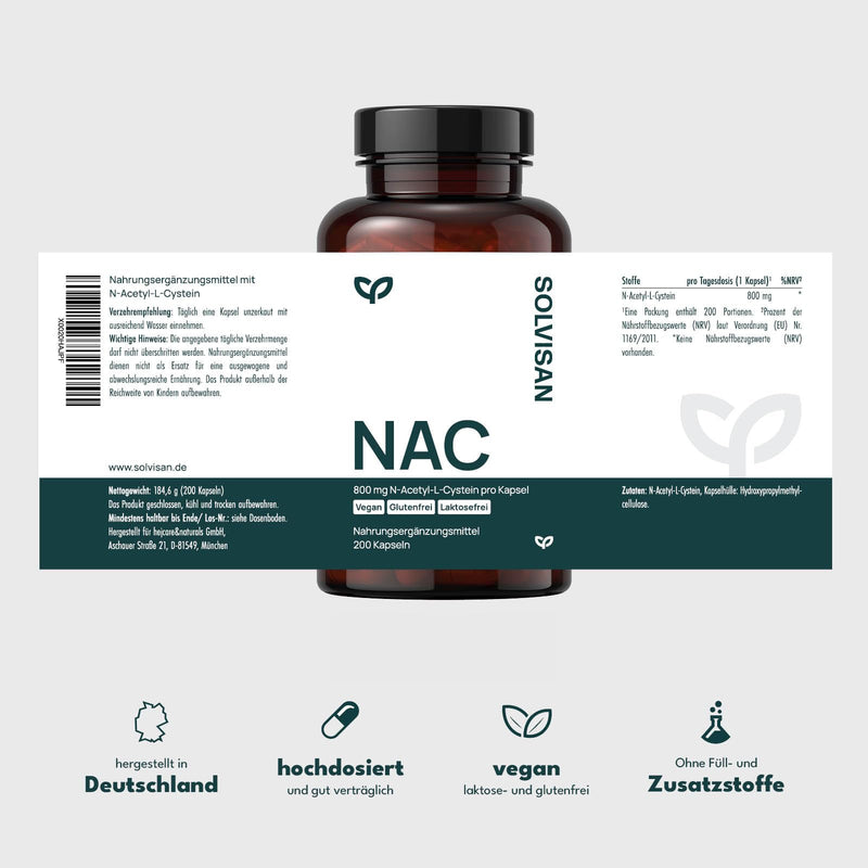 [Australia] - SOLVISAN - NAC 800 mg N-Acetyl-L-Cysteine capsules - 200 capsules - Produced in Germany - Vegan, laboratory tested and without additives 